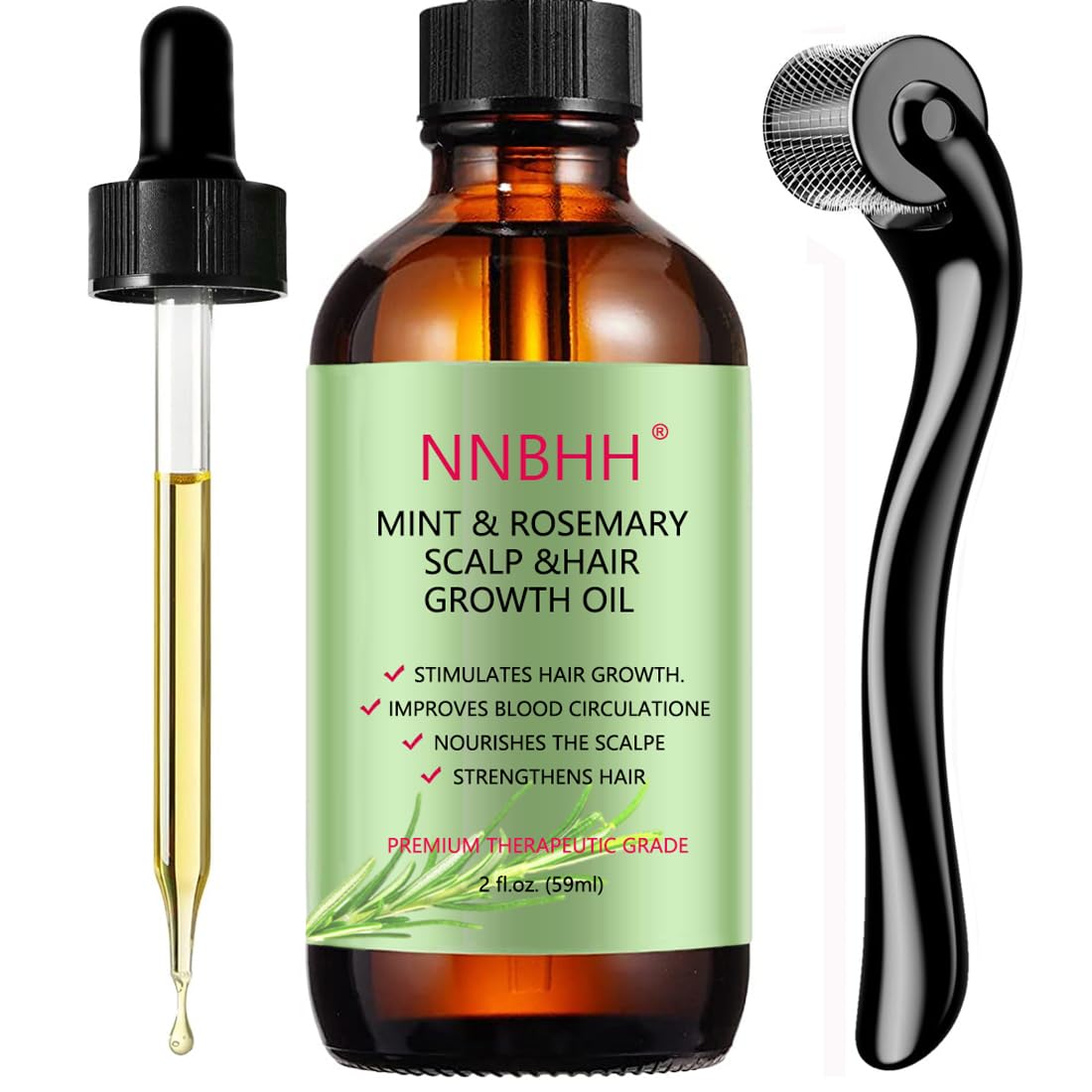Menthe poivrée Huile essentielle de Romarin et Derma Roller 0.5mm pour la croissance des cheveux, les soins de la peau, la croissance des sourcils et des cils pour