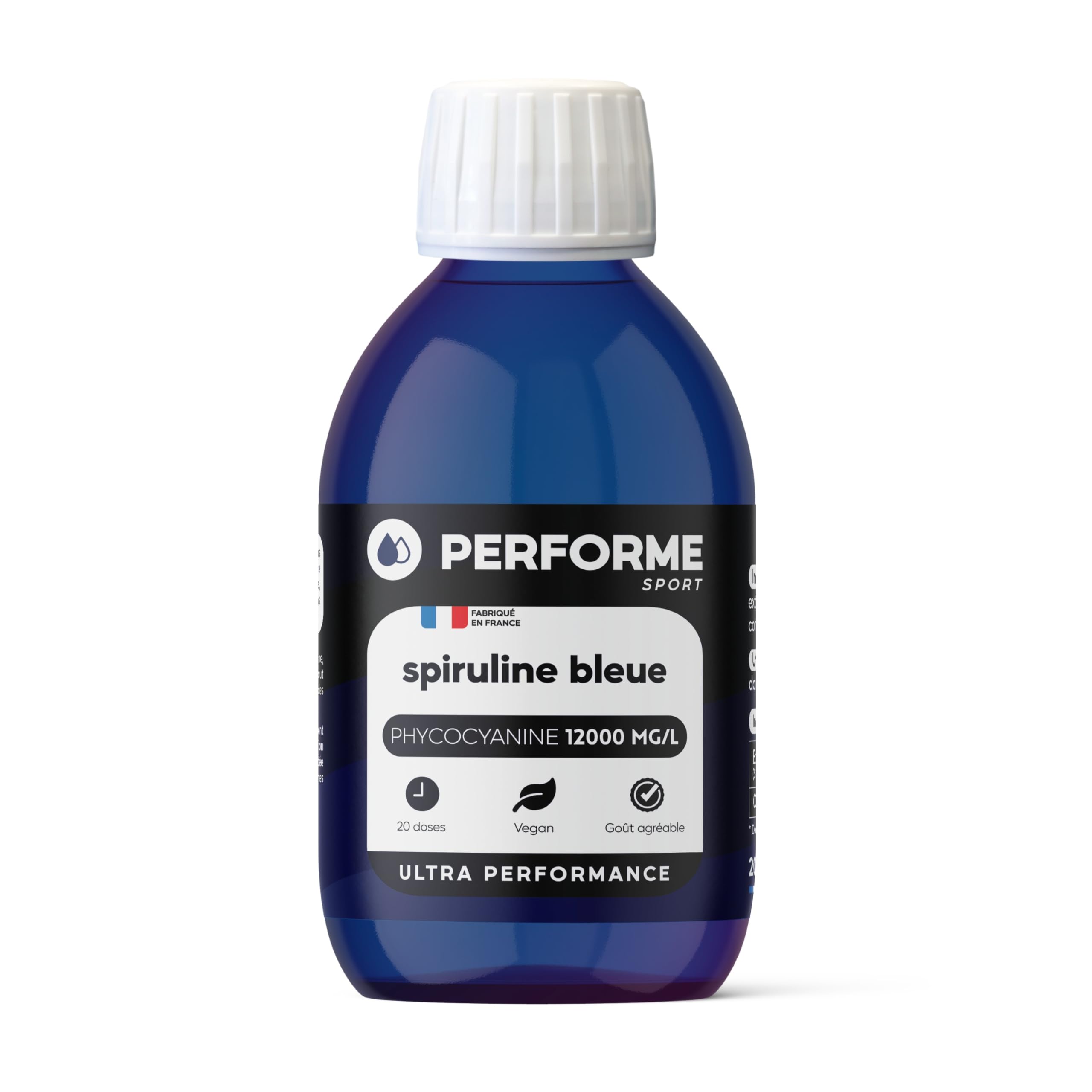 Spiruline Bleue 12000mg/l • Compétitions & Performances • Ultra Concentrée en Phycocyanine • 20 doses • Goût agréable • 100% Naturel • Made In France • Performe