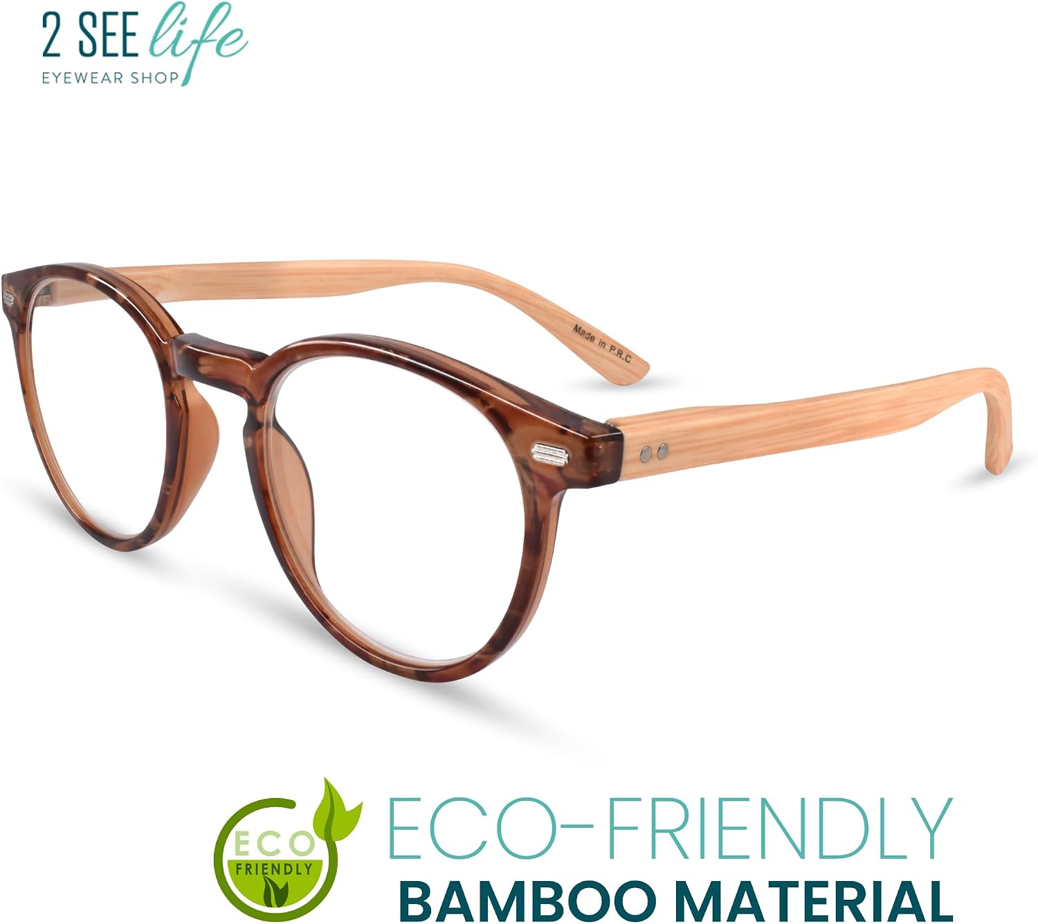 2SeeLife Small Round Bamboo Reading Glasses for Women – Narrow–Medium Fit, Durable & Sturdy Frame, Premium Readers, Brown, +1.00
