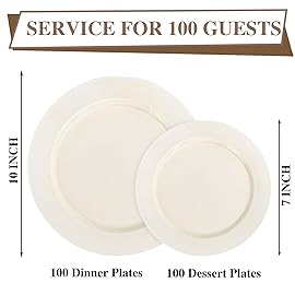 I00000 200 Pcs Ivory Plastic Plates, Disposable Party Plates Include 100 Ivory Dinner Plate 10 and 100 Plastic Dessert Plate 7 Perfect for Birthday, Party & Wedding