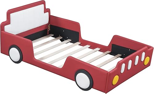 Miniatura 13 de Cama de plataforma clásica en forma de automóvil con ruedas, cama de automóvil de tamaño matrimonial con soporte de listones de madera, marco de
