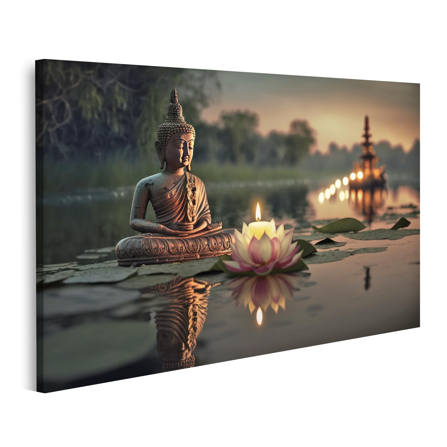 islandburner Cuadro sobre lienzo Buda Purnima Vesak día estatua flor de loto luz de vela río Buda imágenes murales póster JEKF-1K