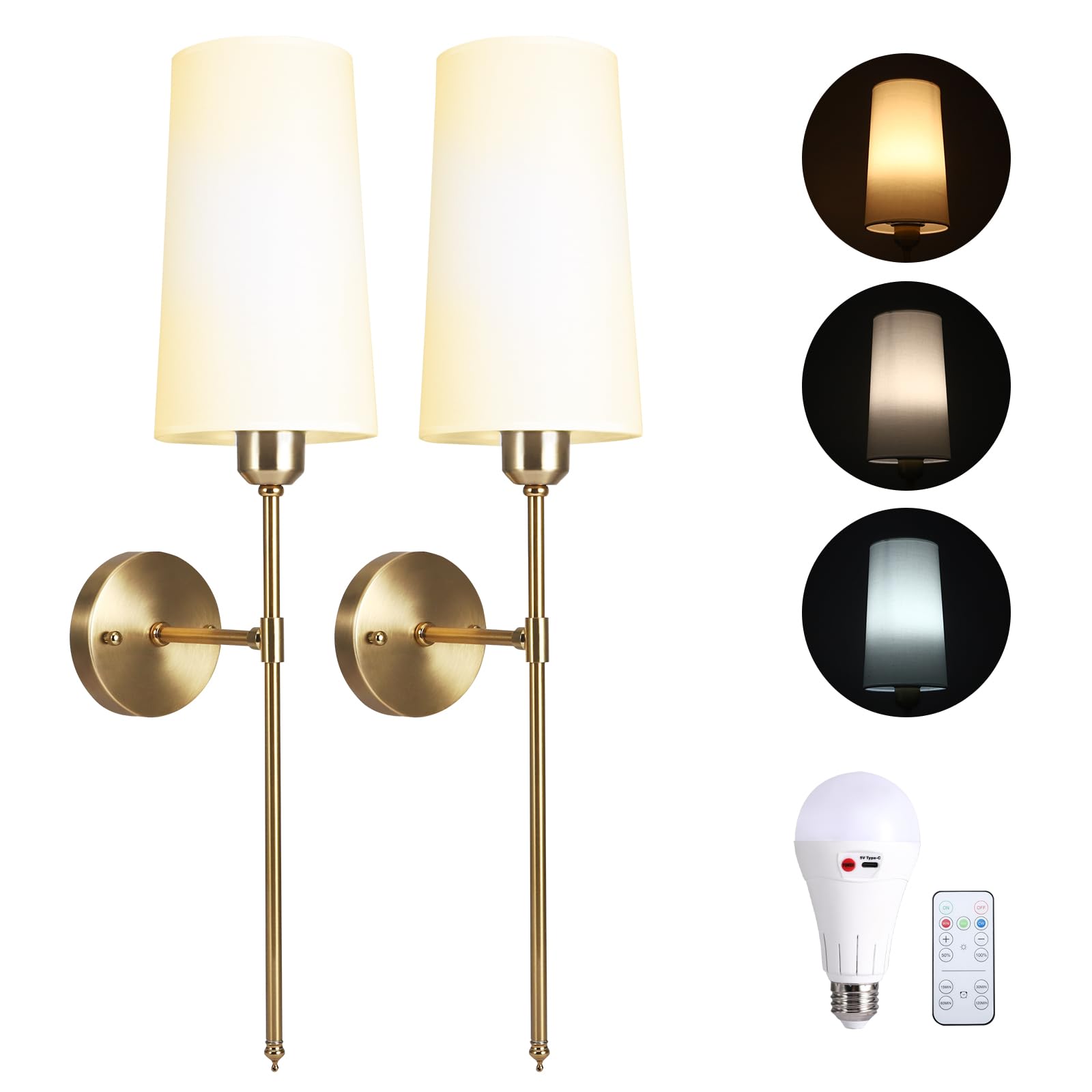 Battery Operated Wall Sconces Set of 2, Rechargeable Wall Lights with 3 Color Temperature Dimmable and 4 Brightness, No Wire Wall Lamp with Remote and led Light Bulb for Bedroom Living Room (GOLD)