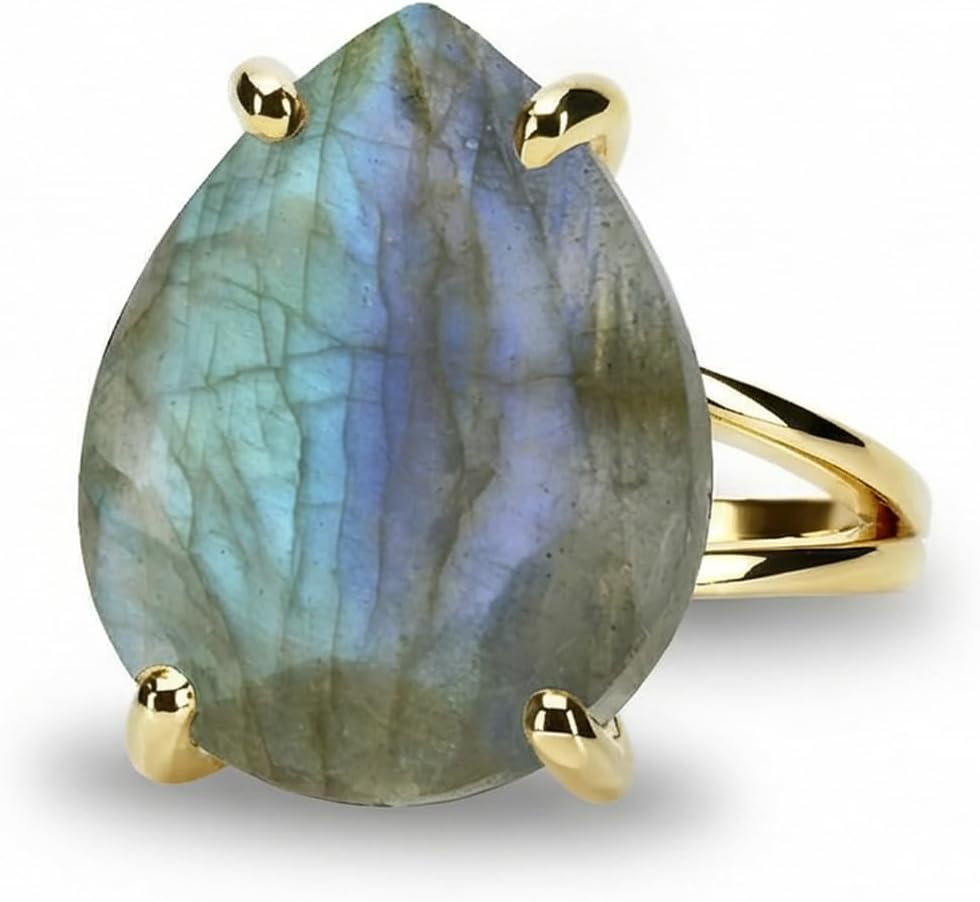 Rose Gold Labradorite Ring - Pear Cut Shifting Color Natural Stone with Blue Green Flash - Prong Set Gemstone Statement Jewelry for Women Seeking Bold Color Play