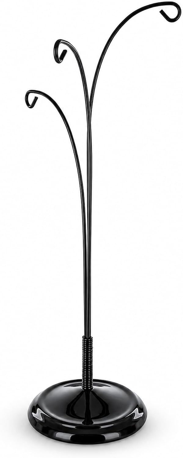 3-Arm Botanical Style Black Painted Metal Ornament Display Stand 12 Inches
