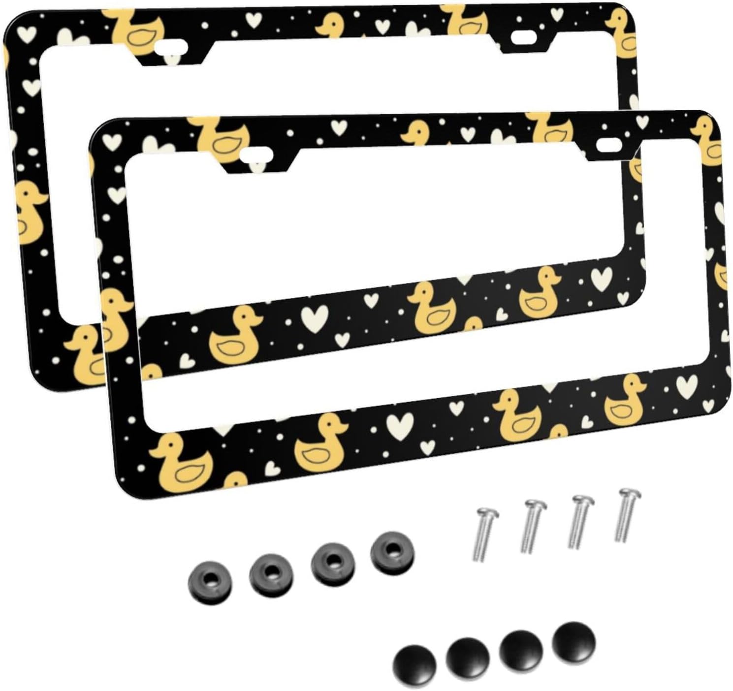 Cute Ducks Heart Matte Aluminum License Plate Frame with Black Screw Caps，2pcs 2 Holes Black Licenses Plates Frames,Car Licenses Plate Covers Holders for Us Vehicles/Women/Men