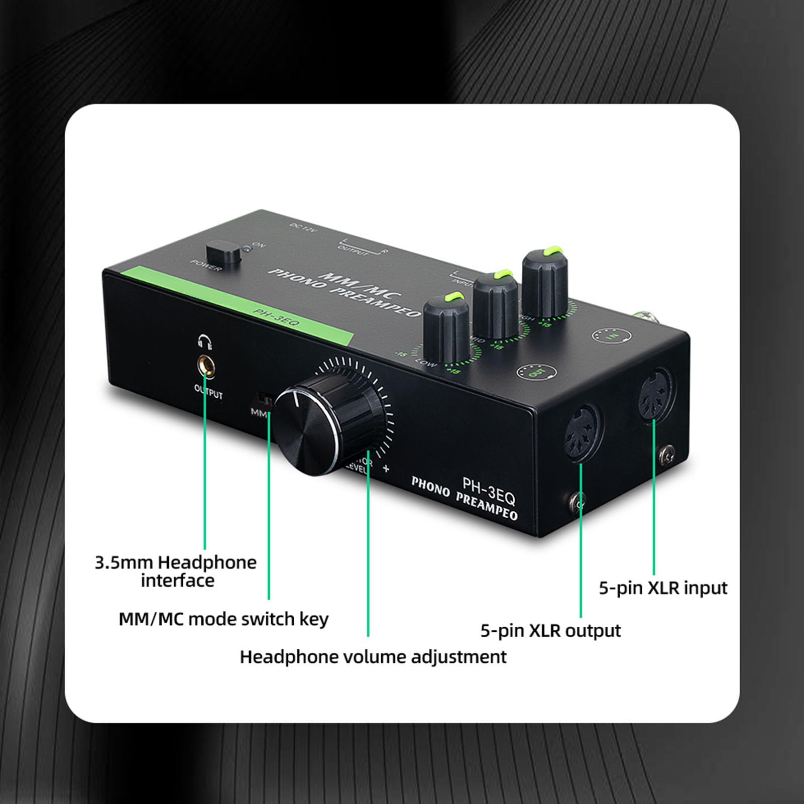 Préampli Phono MM MC Professionnel avec Entrée XLR 5 Broches, Égalisation Réglable pour Platines Vinyle