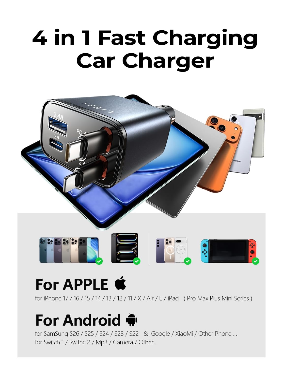 LISEN Retractable Car Charger 4 in 1 [69W USB C Car ChargerAdapter] for iPhone 16 Car Charger Fast Charging, Gifts for Women Men, Car Accessories USBC Car Charger for iPhone 16 15 14 13 12, Gray | Cigarette Lighter Adapter, Car Accessories, Birthday Gifts for Men Women Dad Mom Husband, for iPhone 17 16 15 14 13 12 X