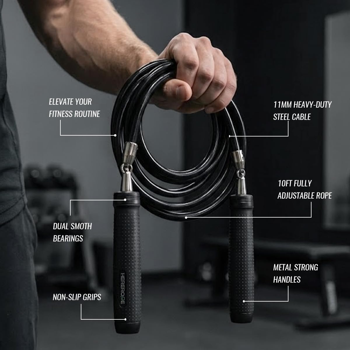 Hererope Ważona skakanka, linka stalowa 11 mm, metalowe uchwyty, regulowana długość, do treningu i fitnessu