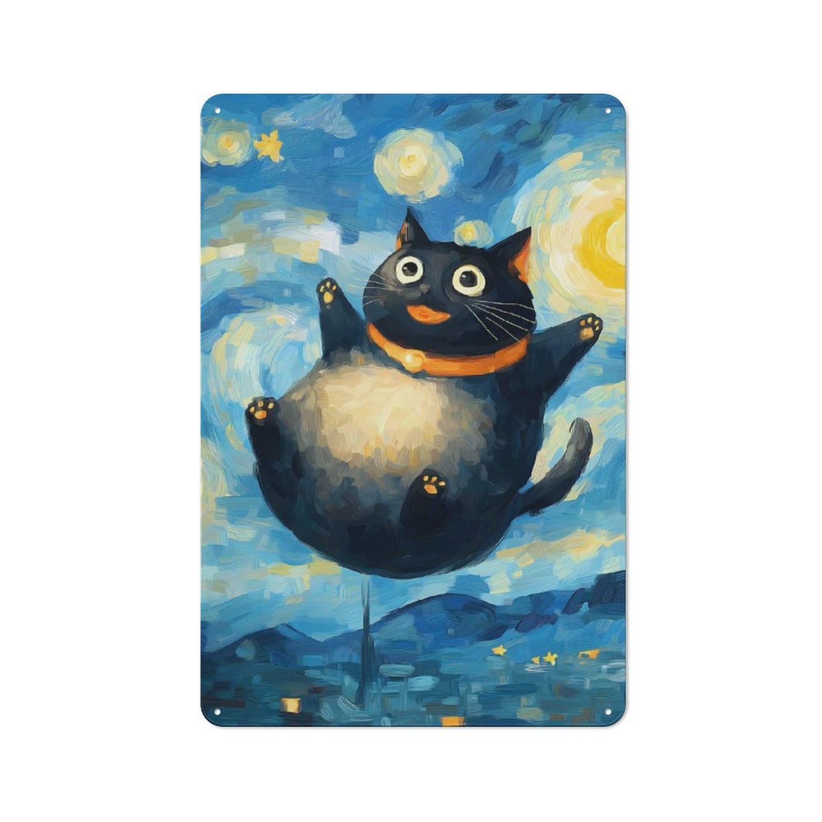 Junmoney Style-16 Understated Decorative Metal Sign 30X20cm Featuring Flying Cat In Starry Night Style, Study Room Decor For Workspace, Cafe, Shop Or Desk Area