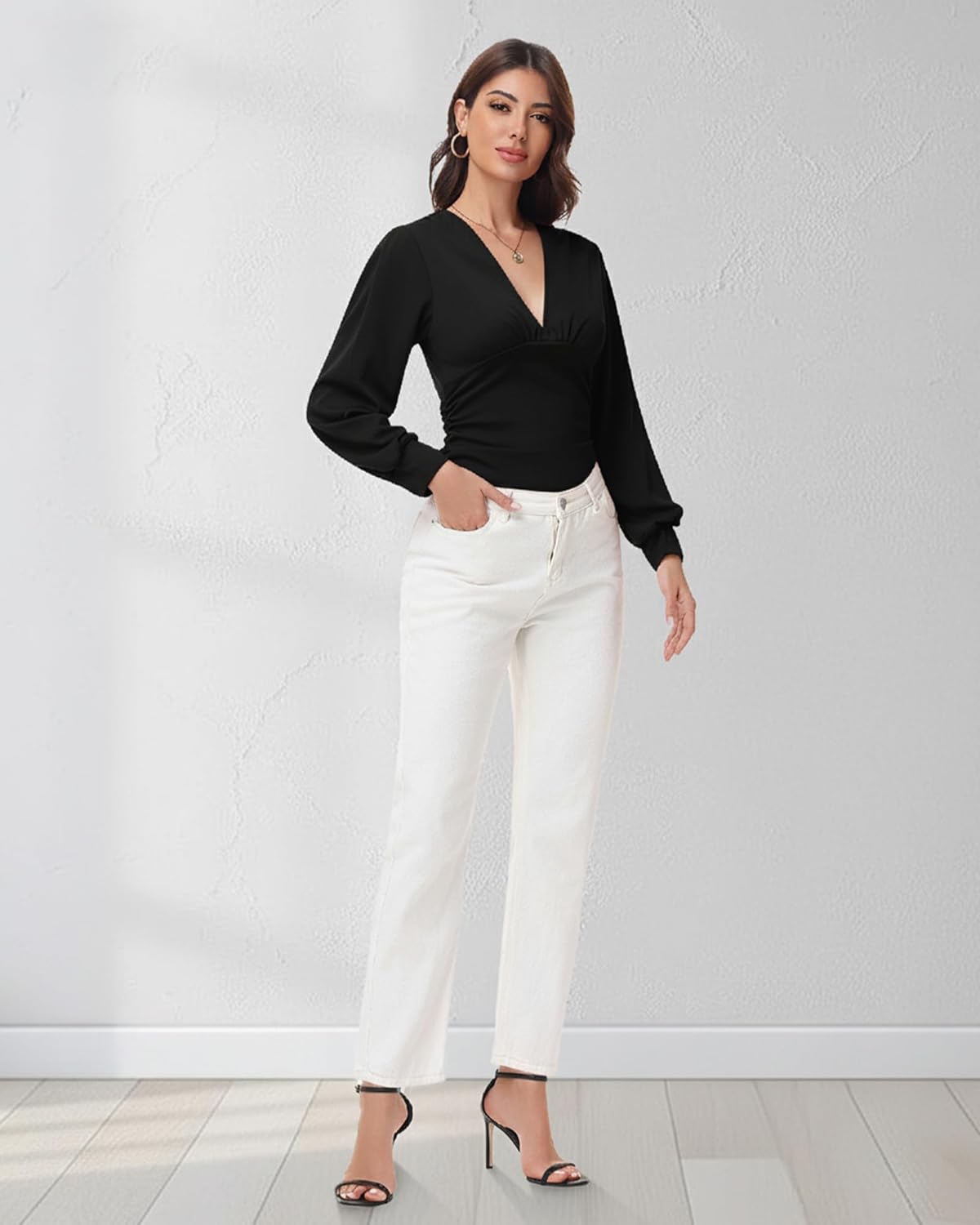 Women V Neck Long Sleeve Blouse Dressy Ruched Shirts Bell Sleeve Wrap Top 2025 Trendy Casual Elegant Work Outfit - Image 6