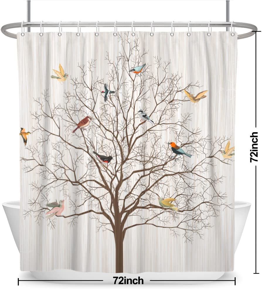 Yeele Bird Shower Curtain Beige Shower Curtain with Birds Boho Shower Curtain for Bathroom Waterproof Fabric Fallen Leaf Shower Curtains Cartoon Kids Curtain Bathroom Decor,72x72in
