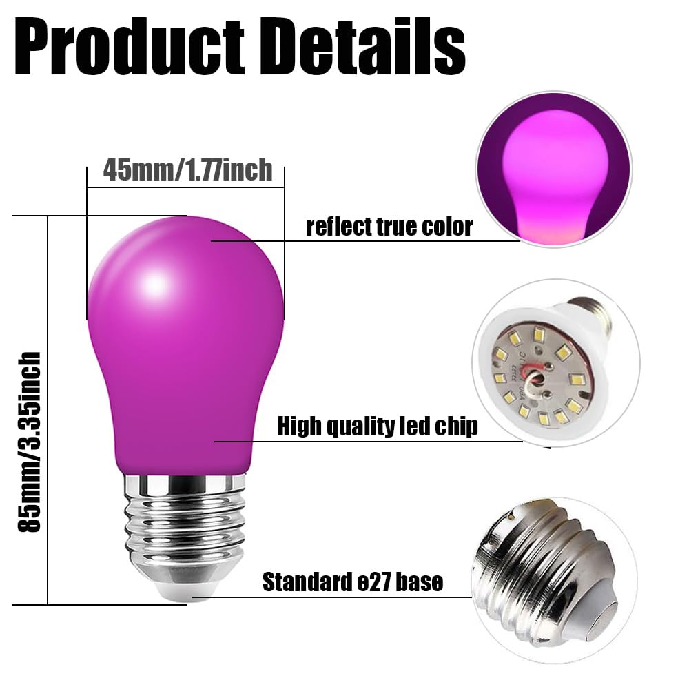 20 juegos de bombillas LED de color A50 3W, enchufes de tornillo E27, bombillas de color decoradas para fiestas, AC/DC 220-240v, 300 lumen, luz no ajustable, morado, 20Pcs