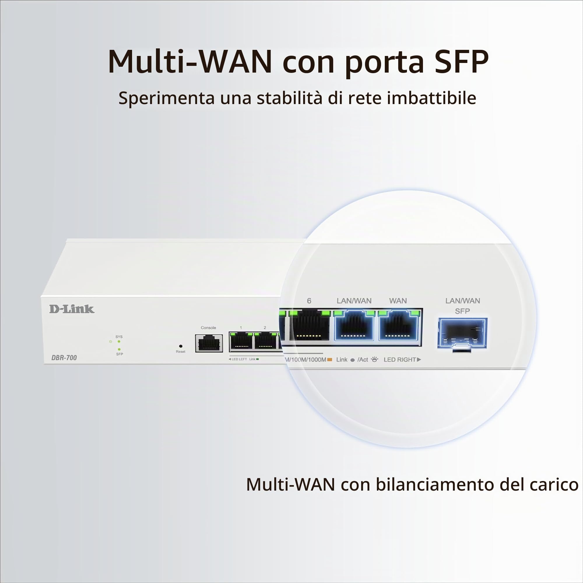 D-Link DBR-700 Business Router – Dual WAN 2,5G, Bilanciamento Carico & Failover, VPN (IPSec, WireGuard, OpenVPN, PPTP, L2TP), Firewall SPI, Porta SFP, Gestione Centralizzata AP fino a 15 AP