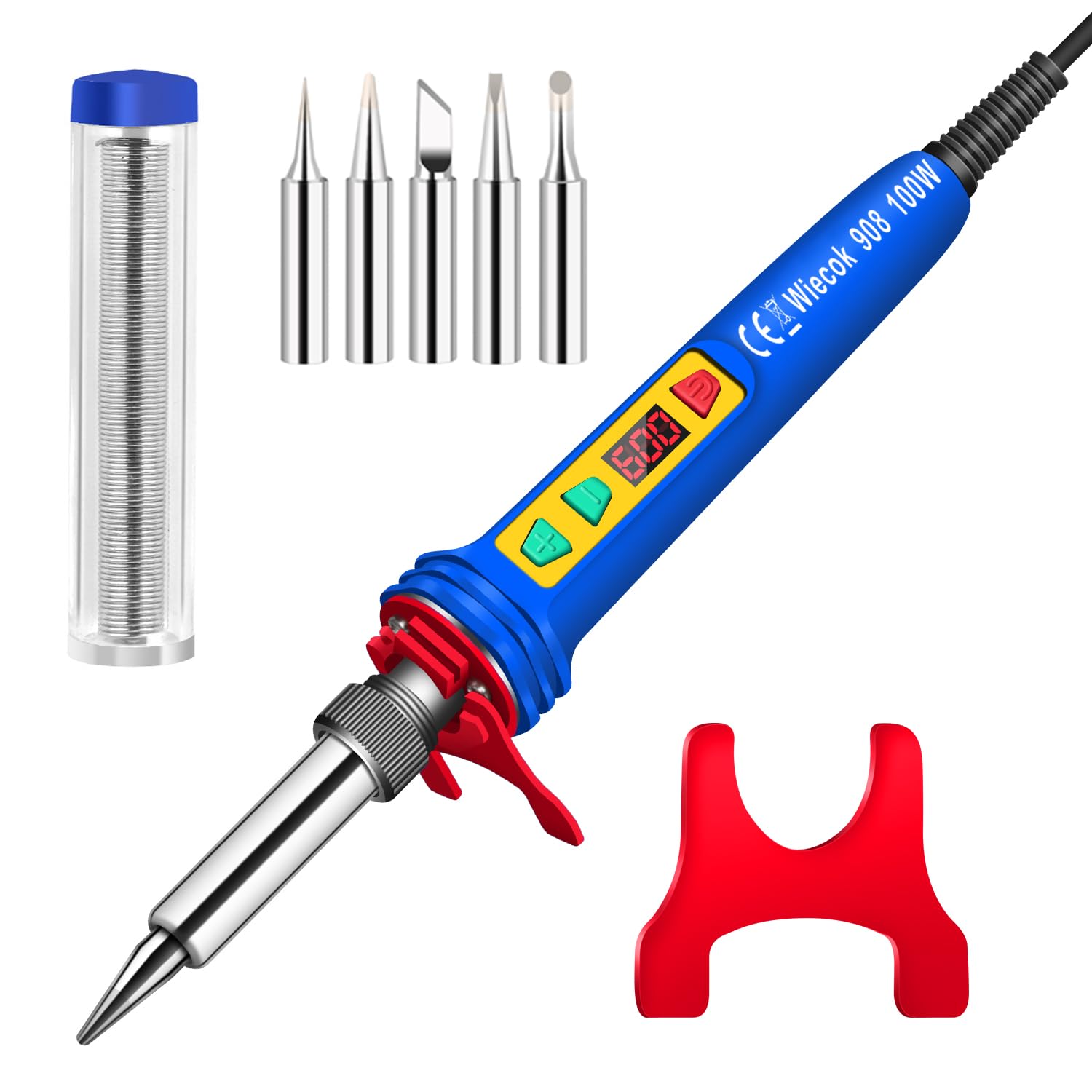 100W Kit Soldador de Estaño, Wiecok Soldador Digital con Pantalla LCD y Temperatura Ajustable 200℃-600℃, Interruptor ON/OFF, 5 Puntas de Soldadura, Alambre de Soldadura 15g -Azul