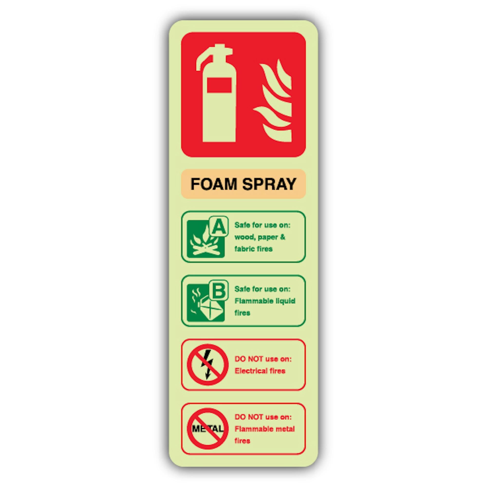 V Safety Glow In The Dark Foam Spray Fire Extinguisher Sign - 75 x 225 mm - Made From Triple Glow Rigid Plastic - Fire Safety Signage - Made in Britain