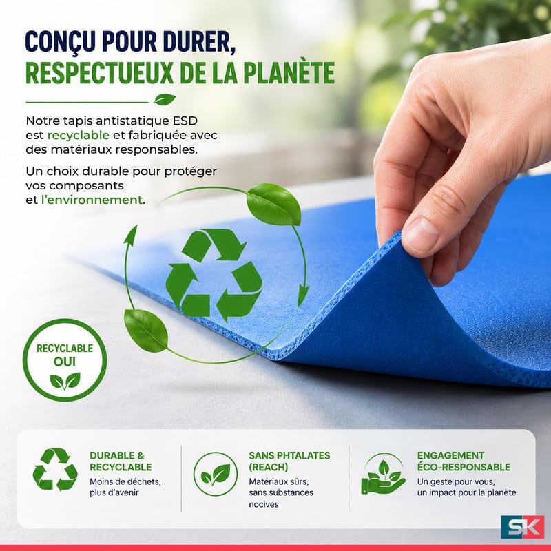 W3 Tapis Antistatique ESD 60x180 cm - Nappe de Protection pour Établi Électronique et Soudure - Mousse Dissipative 5,5mm - Protection Composants Sensibles, Informatique et Industrie -Bleu