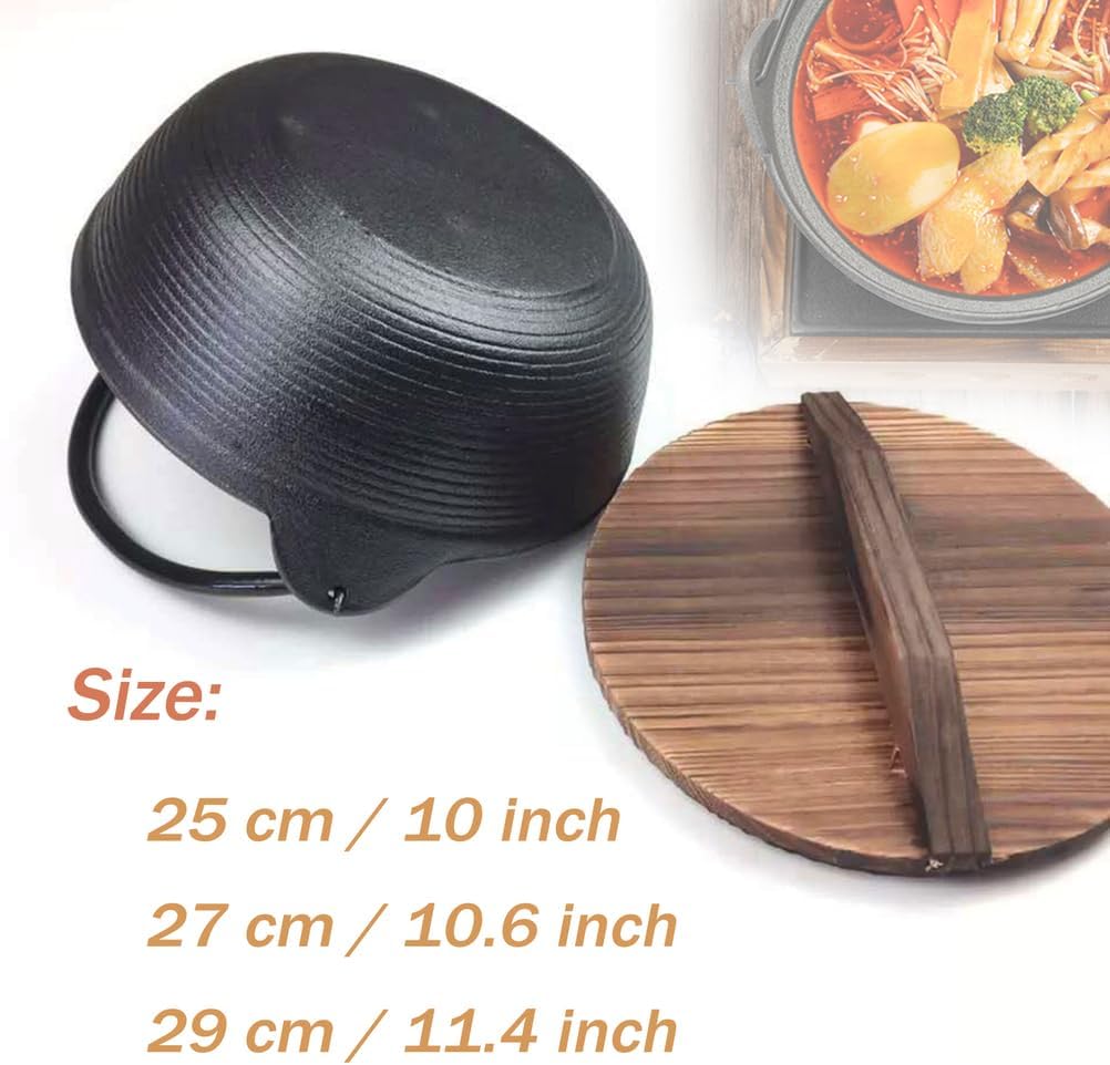 Japanese Style Cast Iron Sukiyaki Tetsu Nabe Pot with Wooden Lid Cast Iron Shabu Shabu Pot Hot Pot for Noodle Ramen Soup Home Travel,27 cm