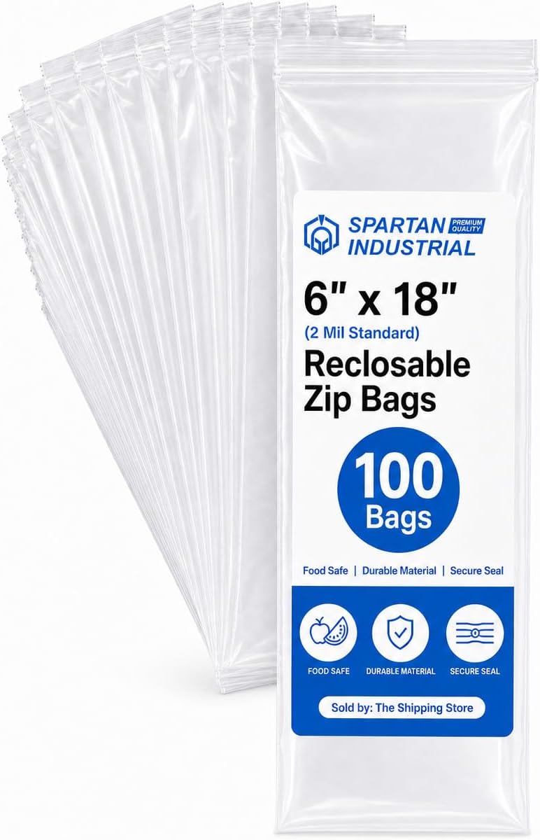 Spartan Industrial - 6" X 18" Extra Long Zip Bags (100 Count) - 2 Mil Clear Reclosable Zipper Poly Bags for Craft Kits, Fabric, Seasonal Storage, and Packaging