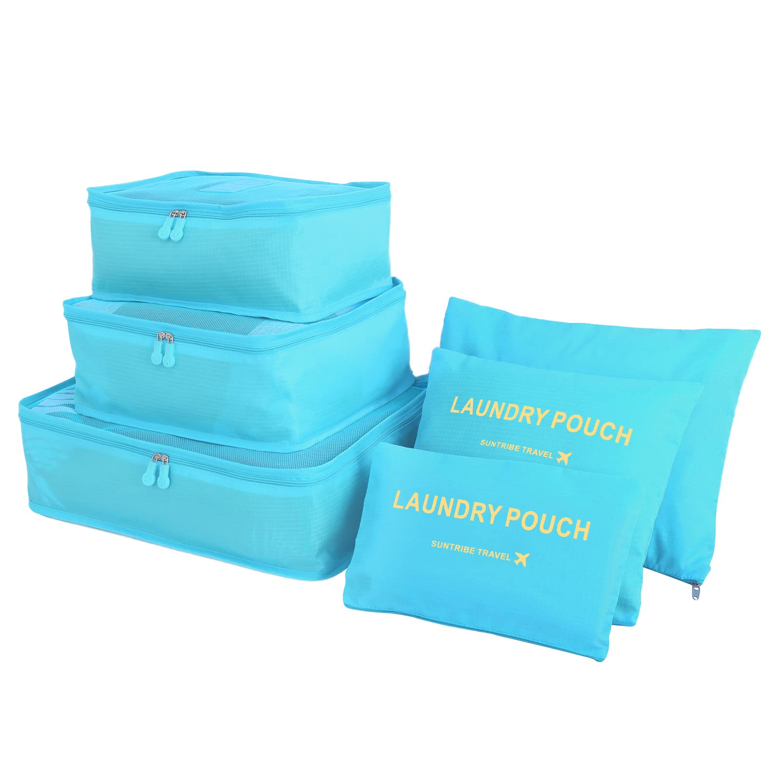 Teynewer Blue 6Pcs Travel Organiser Packing Bags Packing Cubes Set Durable Luggage Organisers Suitcase Storage Bags Compression Pouches For Travel Accessories,