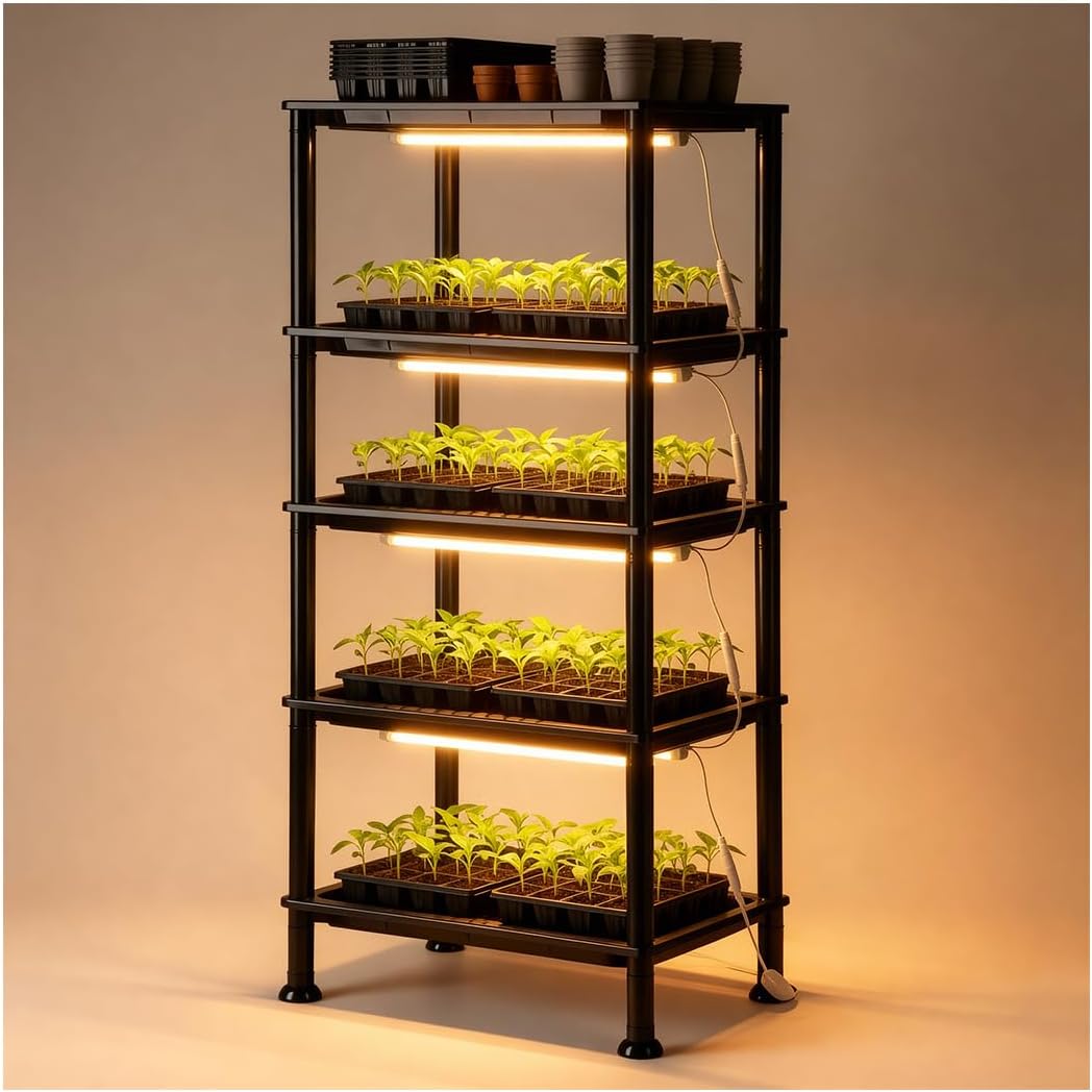 5-tier seed starter trays, plant stand with led grow light (auto-timer), bottom watering designed for indoor greenhouse plants, fits small pots & seedling cell trays - black