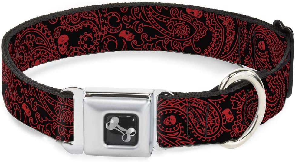 Buckle-Down Seatbelt Buckle Dog Collar - Bandana/Skulls Black/Red - 1.5" Wide - Fits 18-32" Neck - Large