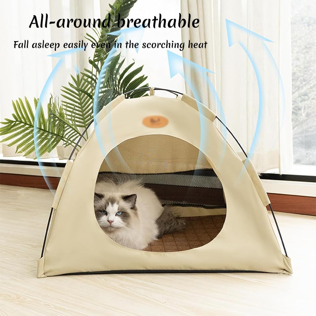 BreezyDen Pop-Up Pet Tent, Portable Hideaway for Cats & Small Dogs, Cat Tents for Indoor Cats with Mesh Window, Waterproof, Cooling Mat, Breathable Mesh & Non-Slip Base, Fully Washable (Coffee,L)