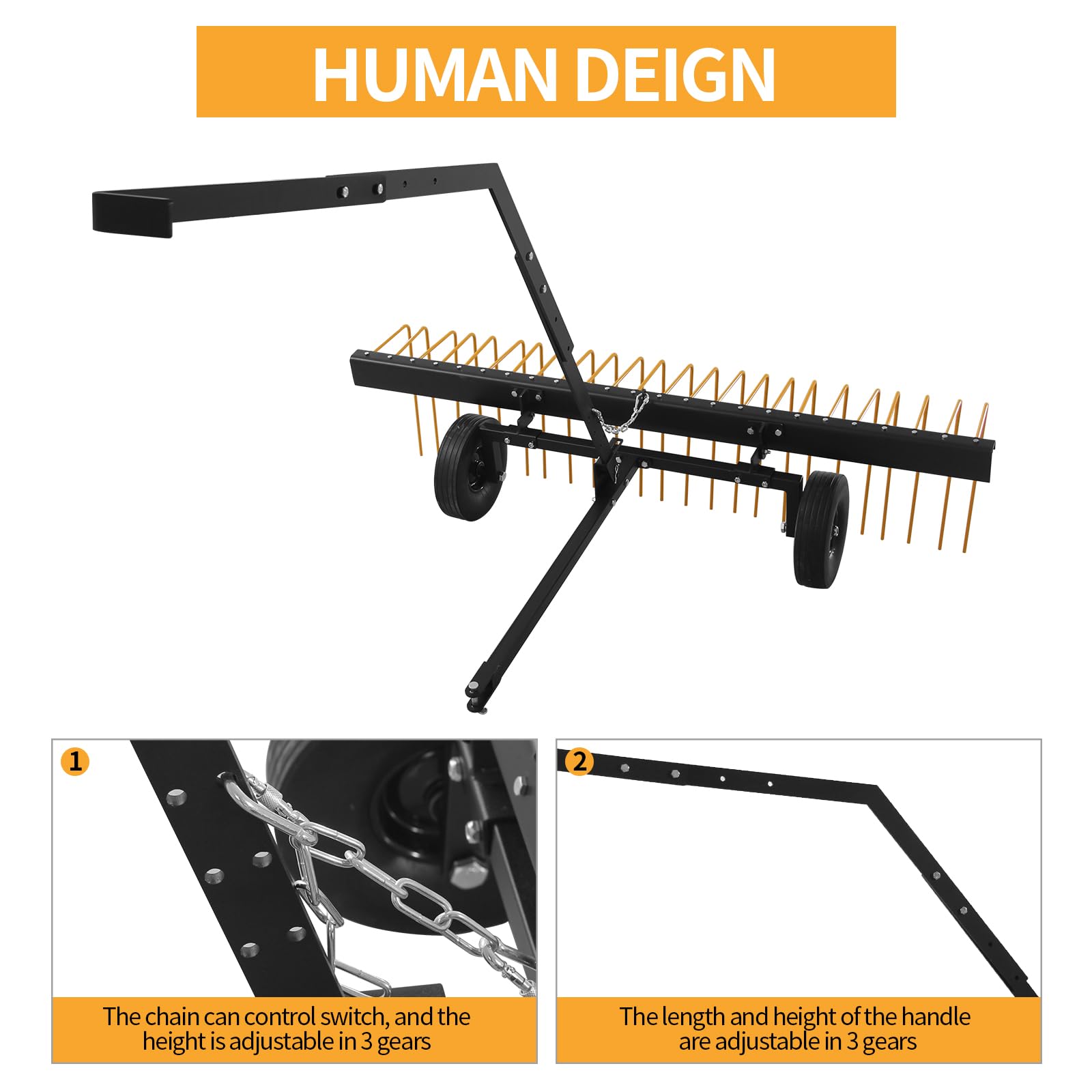 stóp, 3-punktowy, 60-calowa szerokość robocza z 26 stalowymi zębami – grabie do igieł sosnowych/słomy, liści, trawy, czarne