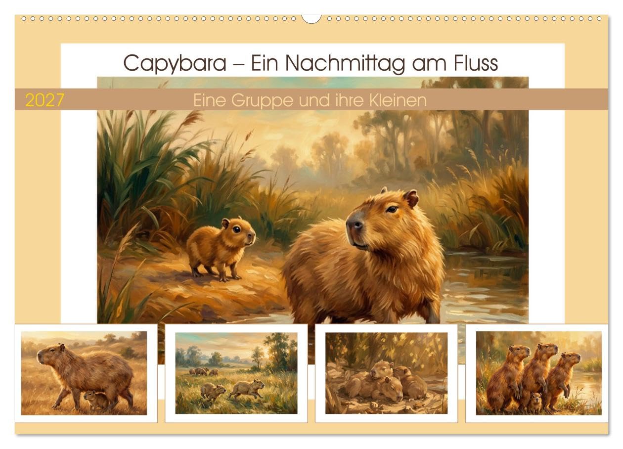Capybara – Ein Nachmittag am Fluss (Wandkalender 2027 DIN A2 quer), CALVENDO Monatskalender: Eine Gruppe und ihre Kleinen (CALVENDO Tiere)
