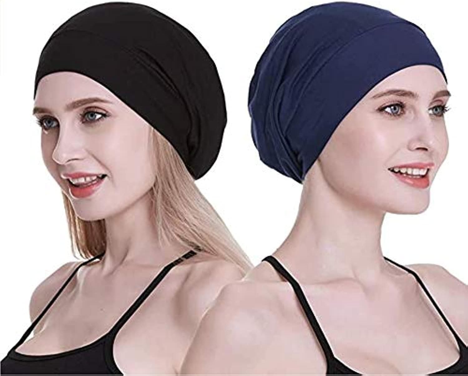 Moonmen Womens Sleeping Cap, 2-Pack Satin Silk Lined Sleep Cap Night Bonnet Slouchy Beanie Hat for Frizzy Hair Loss Chemo Women