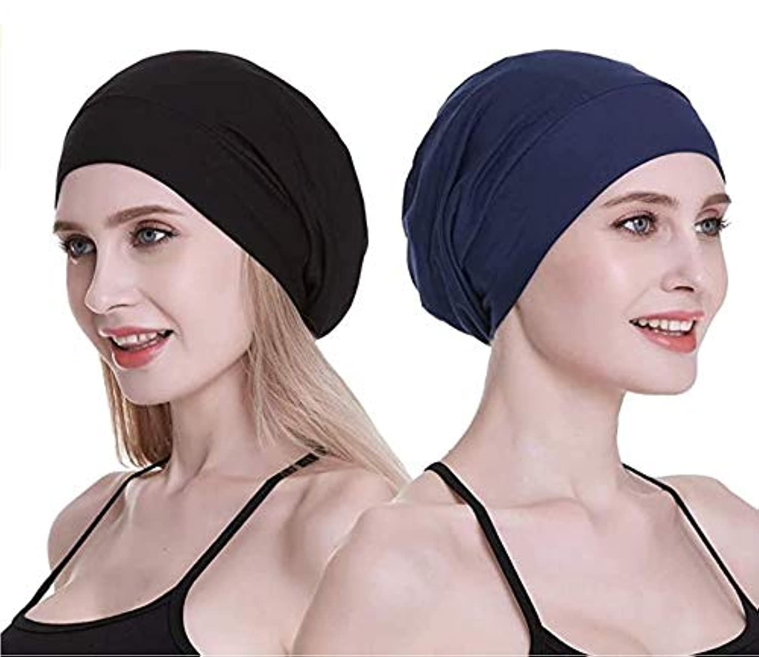 Moonmen Womens Sleeping Cap, 2-Pack Satin Silk Lined Sleep Cap Night Bonnet Slouchy Beanie Hat for Frizzy Hair Loss Chemo Women