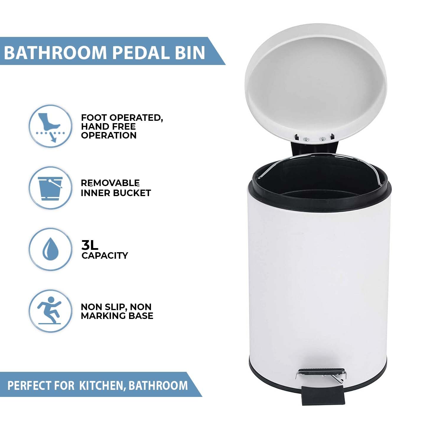 Crystals Small Pedal Bin with Lid-3 Litre Bathroom Bin for Rubbish and Waste-Stainless Steel Toilet Bin with Removable Inner Plastic Bucket-Ideal Size for Bedroom Bathroom Toilet Waste-White - Image 2