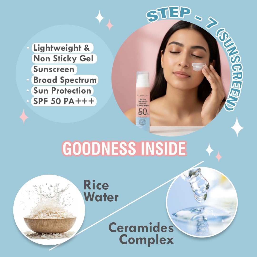 Glamveda Korean 7 Step Skincare Kit for Women | Rice & Ceramide Routine | Gift Box | Skin Brightening, Anti-Ageing | Face Wash + Toner + Moisturizer + Serum + Mask + Sunscreen+ Under Eye Cream 4