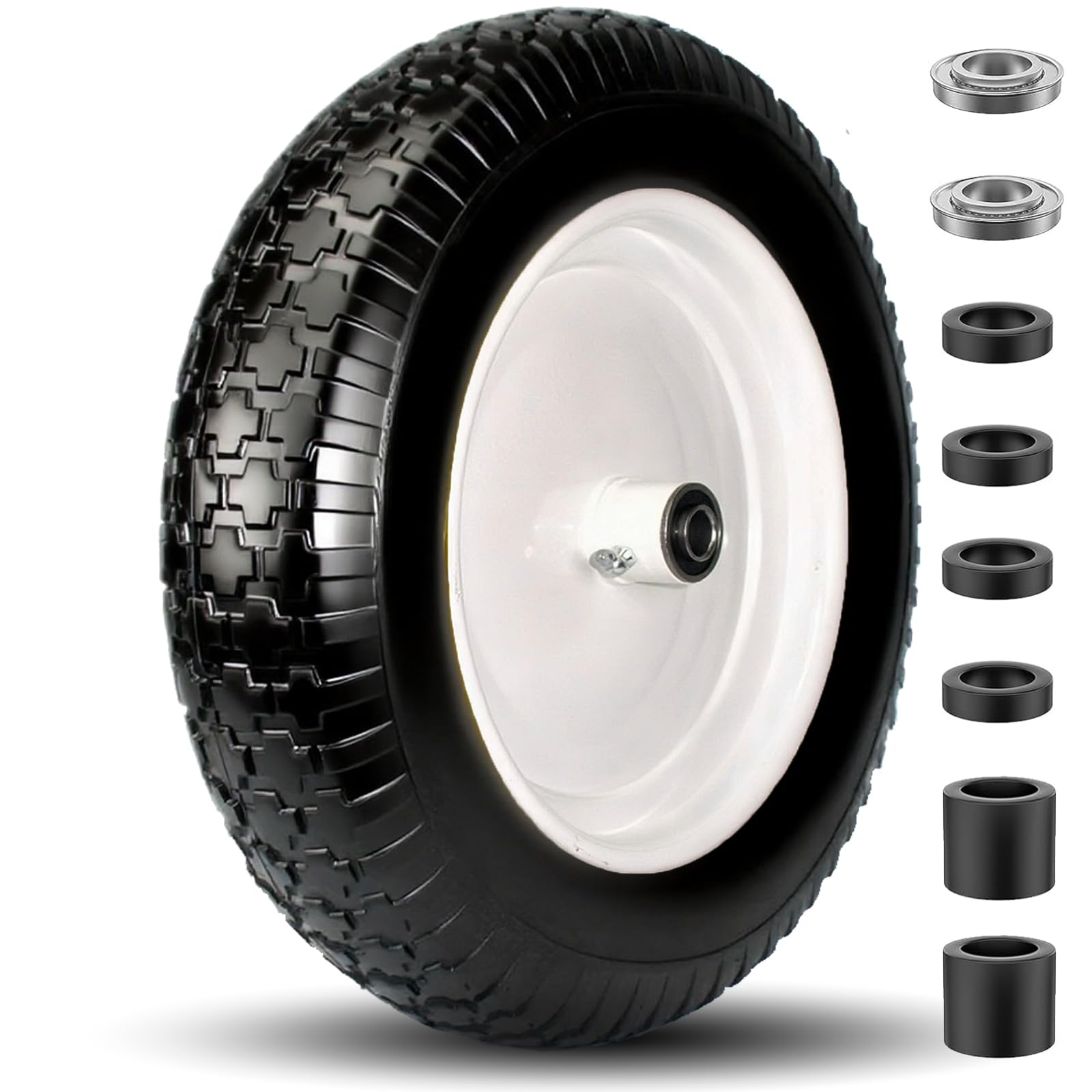Wheelbarrow Tires 4.80/4.00-8, 14.5" Tire and Wheel Flat Free, 5/8" Bore Bearing with 3/4" Extra Bearings, 3" Centered Hub - Universal for 4.80-8 4.00-8 4.00-6 3.50/3.00-8 Wheelbarrow Tires