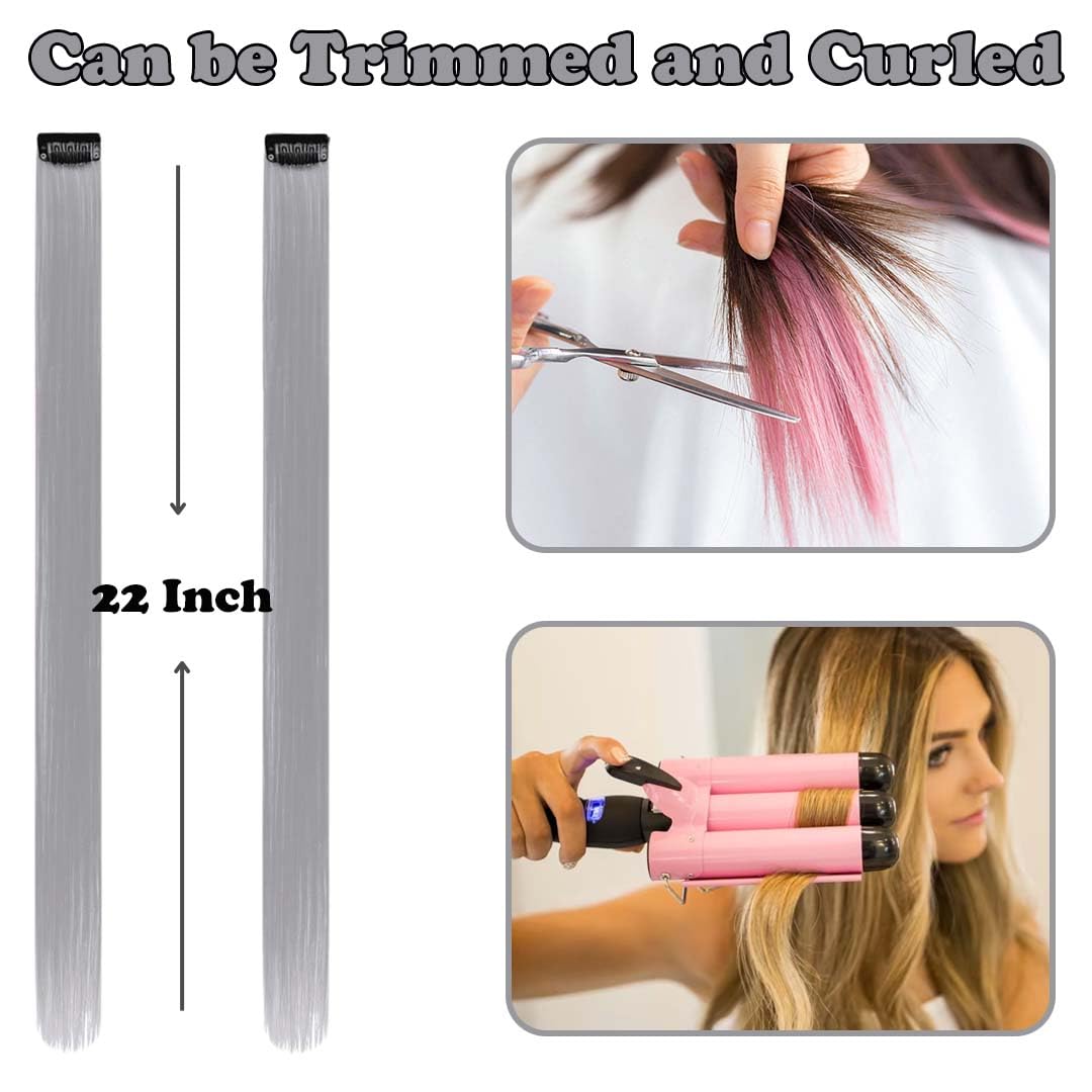Colored Hair Extensions Clip In, 12 Pieces, Gray, 12 Pcs Gray, 22 Inch (Pack of 1) - Image 3