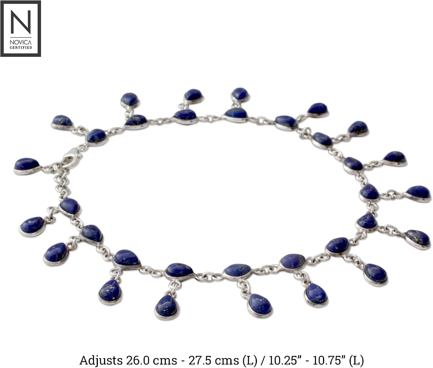 NOVICA Artisan Handmade Lapis Lazuli Anklet 925 Silver from Indian Artisan Sterling Blue Link Snorkel Birthstone [10.25 in min L x 10.75 in max L x 0.8 in W] ' Royal Dewdrops'
