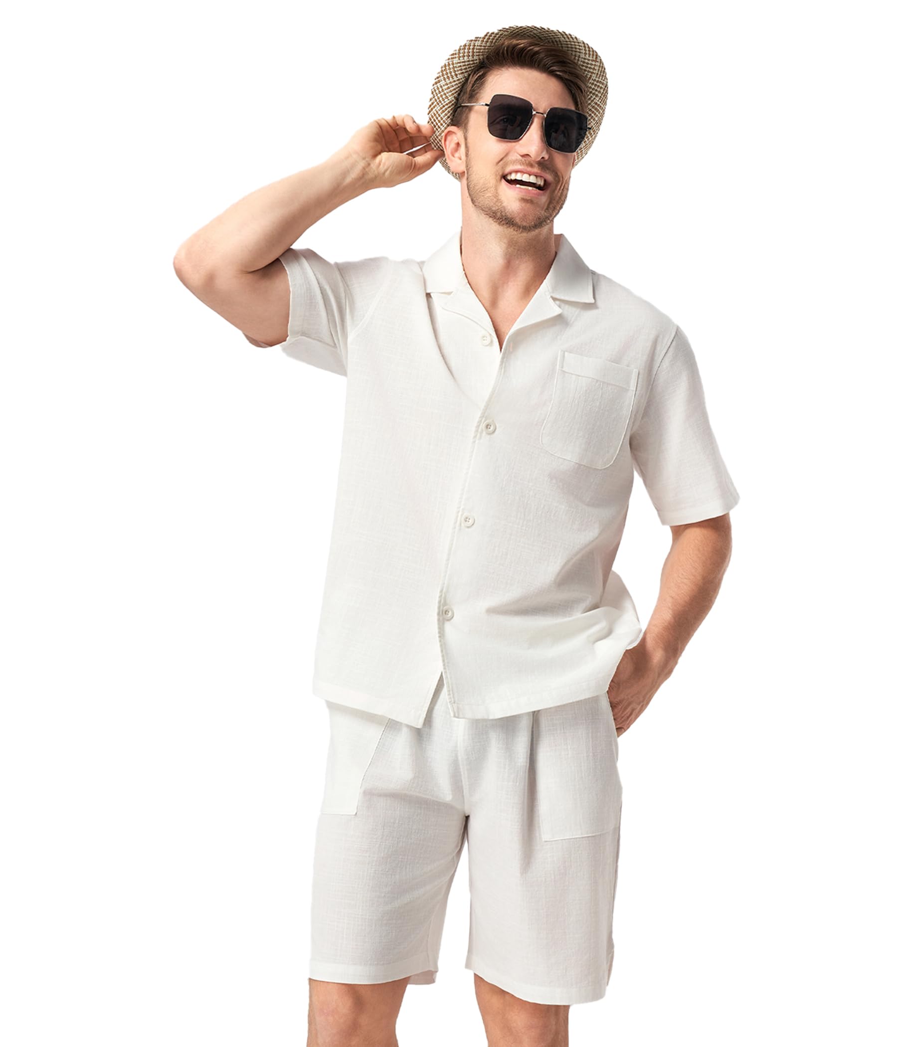 DAVID ARCHY Set pigiama da uomo 100% cotone effetto lino abbigliamento estivo per le vacanze capispalla con risvolto a maniche corte leggero pigiama da salotto con tasche
