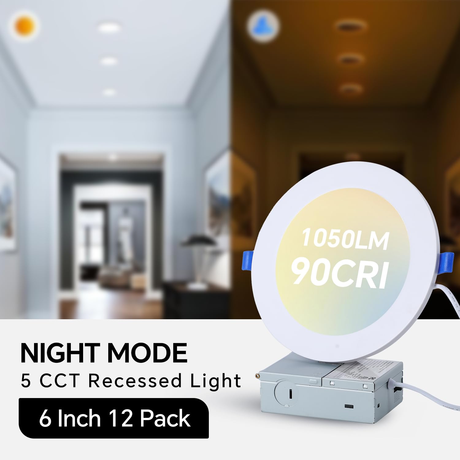 Simple Deluxe 12 Pack 6 Inch 5CCT Recessed Light with Night Light,Canless LED Recessed Lighting 6 inch,2700K-5000K Selectable,12W=130W,1080LM Dimmable Recessed Ceiling Wafer Light,ETL Certificated