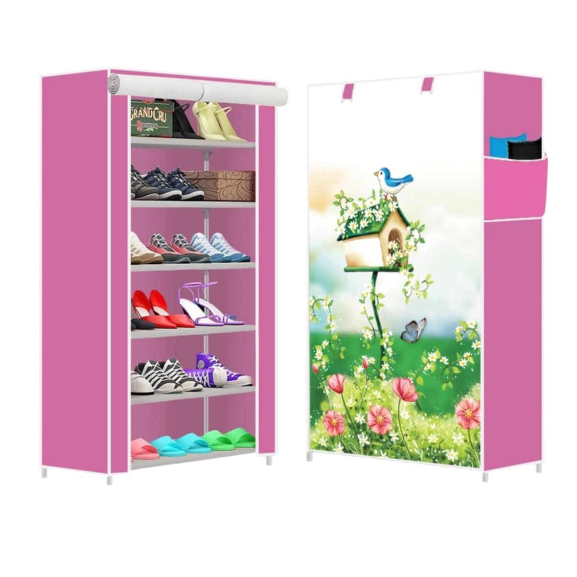 6-Tier Portable Shoe Storage Cabinet with Printed Dust Cover | Foldable Shoe Rack Organizer for Bedroom & Entryway (Pink)-image-7