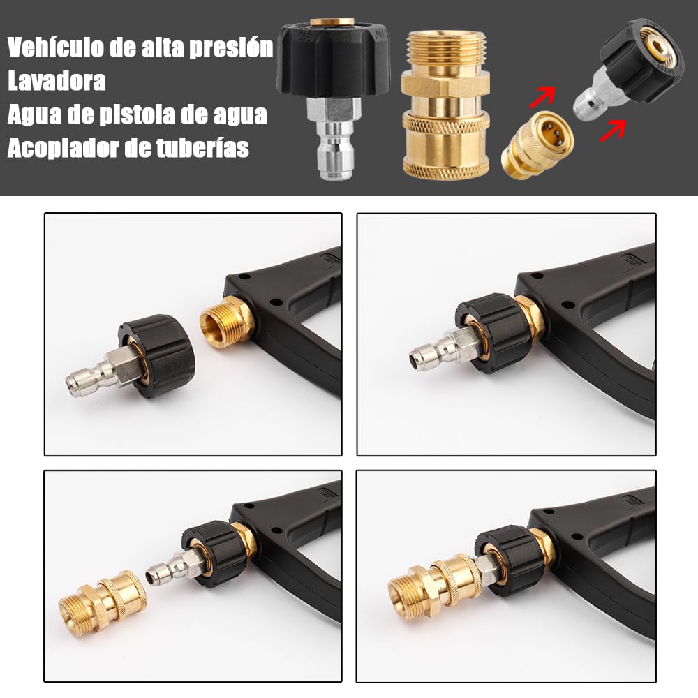 Kit de Adaptadores de Lavadora a Presión M22 14 mm, Acoplamiento Rápido de Latón de 1/4", Acopladores para Limpiadoras a Presión, M22 a 1/4 '', Conector Rápido Alta Presion, 5000PSI
