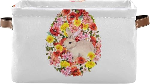 senya Easter Basket, Easter Bunny Poppy Flower Foldable Fabric Collapsible Storage Bins Organizer Bag for Storage Clothes