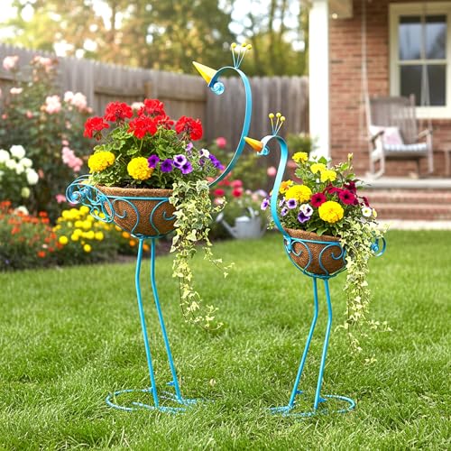 J-Fly Peacock Metal Plant Stand 2 Sets Flower Pots Holders, Planters for Outdoor Indoor Plants with Coconut Pots, Front Porch Garden Balcony Patio Decor for Plant, Valentine Decoration Gifts