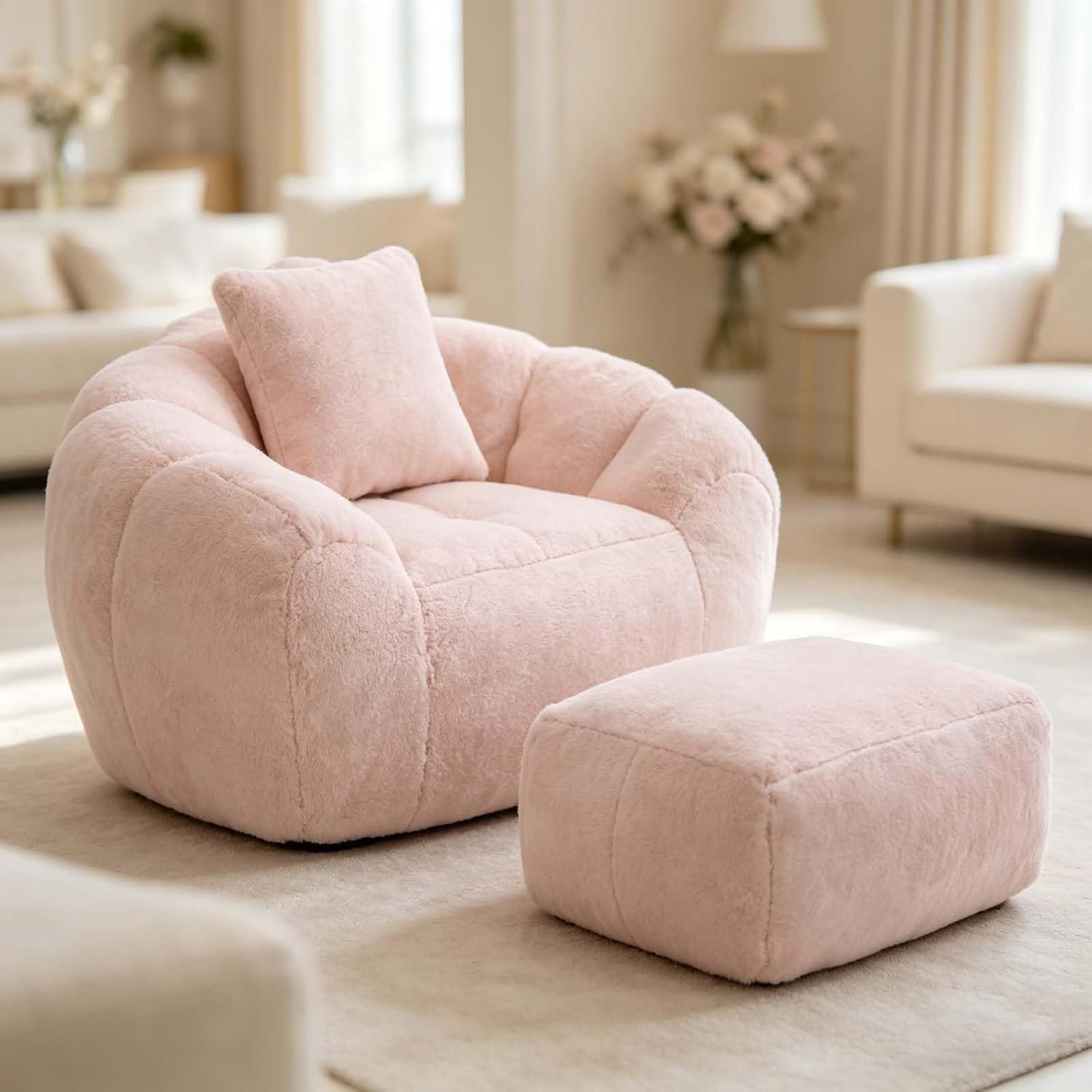 Fluffy Plush Lounge Chair with Footrest Throw Pillow Relaxation Set Pink
