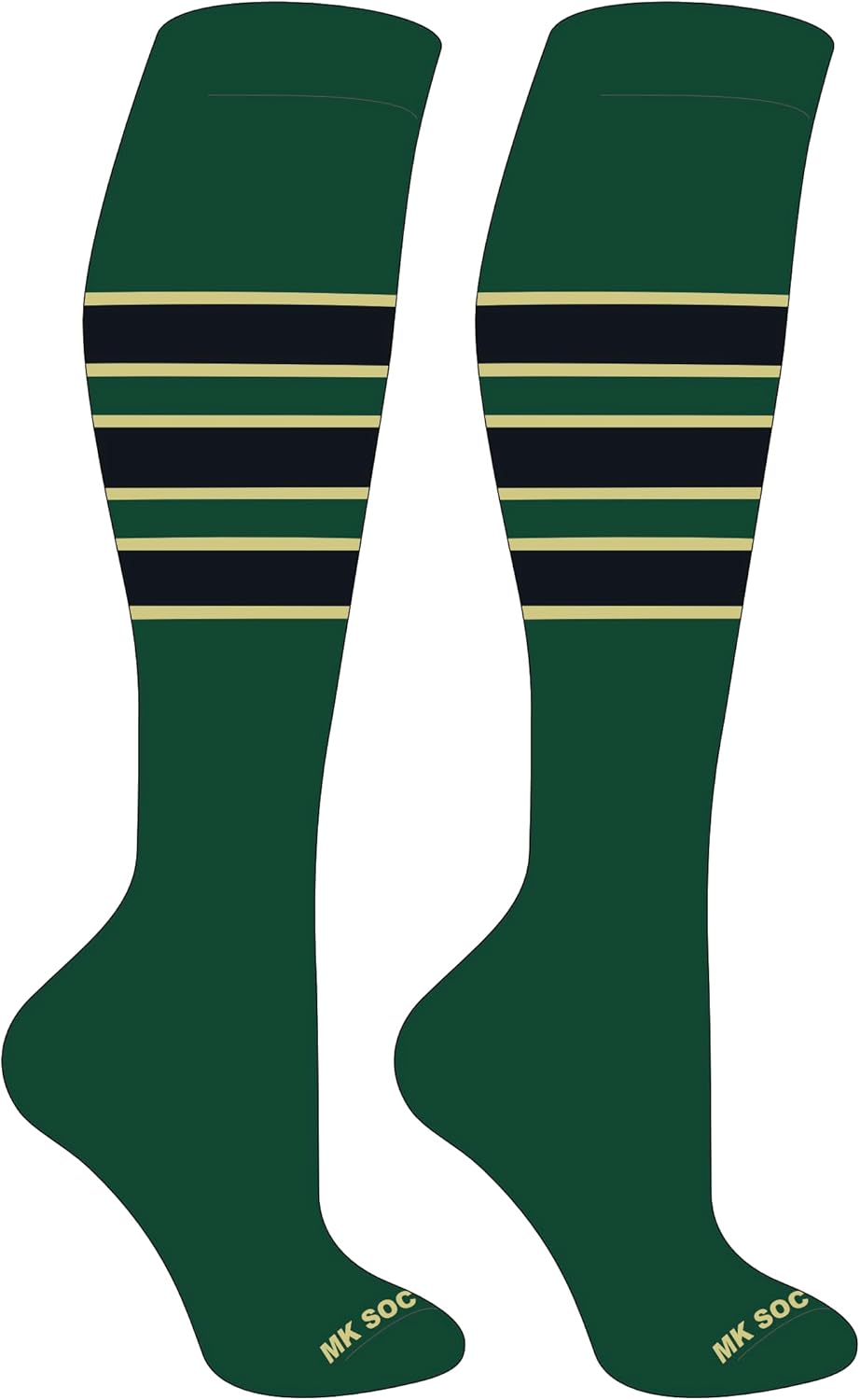 Striped Knee High Baseball, Football Socks (C) Dk Green, Vegas Gold, Black