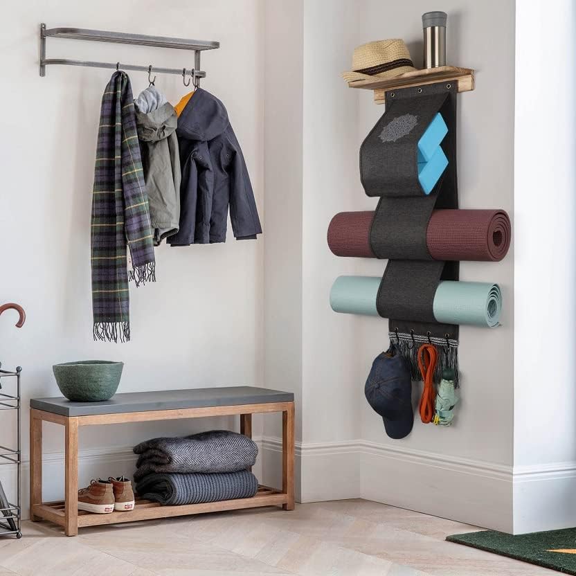 Miniatura 5 de VINAEMO Soporte para tapete de yoga, organizador de pared, organizador de almacenamiento, rodillo de espuma y toallero, con 4 ganchos y estantes de