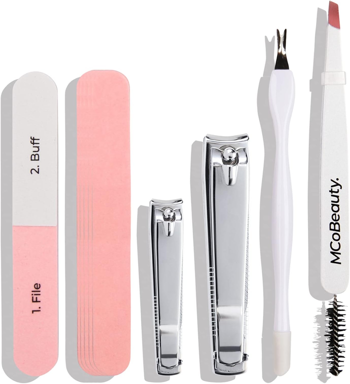 MCoBeautyGrooming Essentials Set for Women Tweezers with Brush, Nail Clipper, Toenail Clipper with File, Plastic Cuticle Pusher, 4 Sided Nail Buffer, 6 Emery Boards, 15 Count