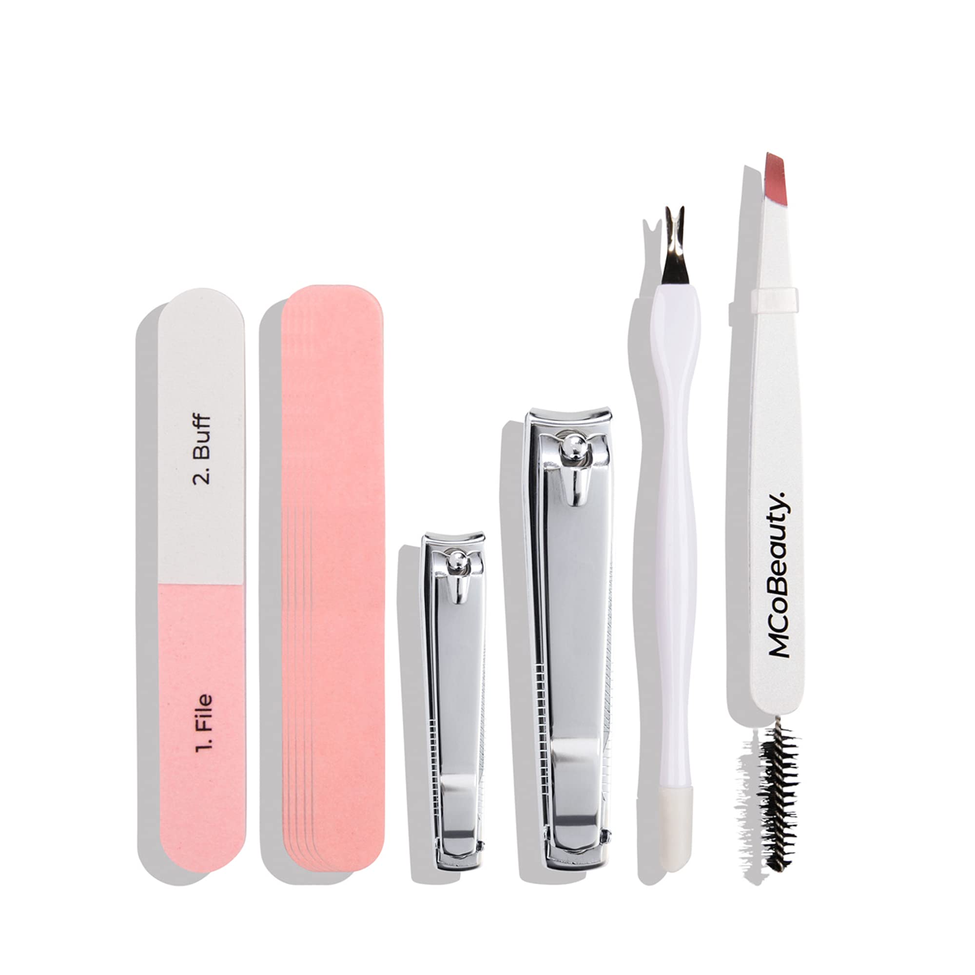 MCoBeautyGrooming Essentials Set for Women Tweezers with Brush, Nail Clipper, Toenail Clipper with File, Plastic Cuticle Pusher, 4 Sided Nail Buffer, 6 Emery Boards, 15 Count