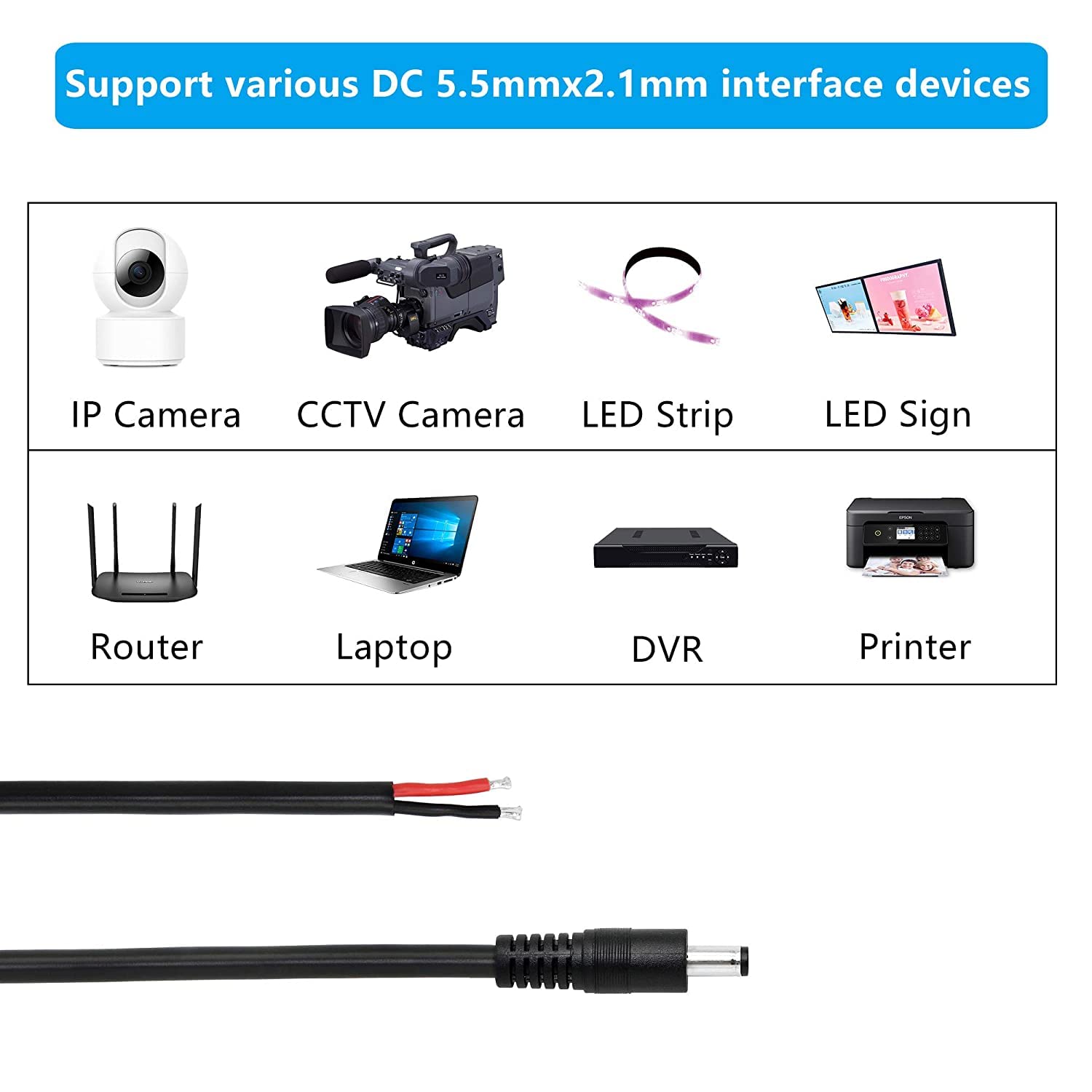 DC Power Pigtails Cable,3FT DC 5.5MM x 2.1MM Male Plug to Bare Wire Open End Power Wire Supply Repair Cable,16 AWG Barrel Connector Pigtail for CCTV Security Camera,DVR,LED Strip Light Etc-2 Pcs(M) - Image 5