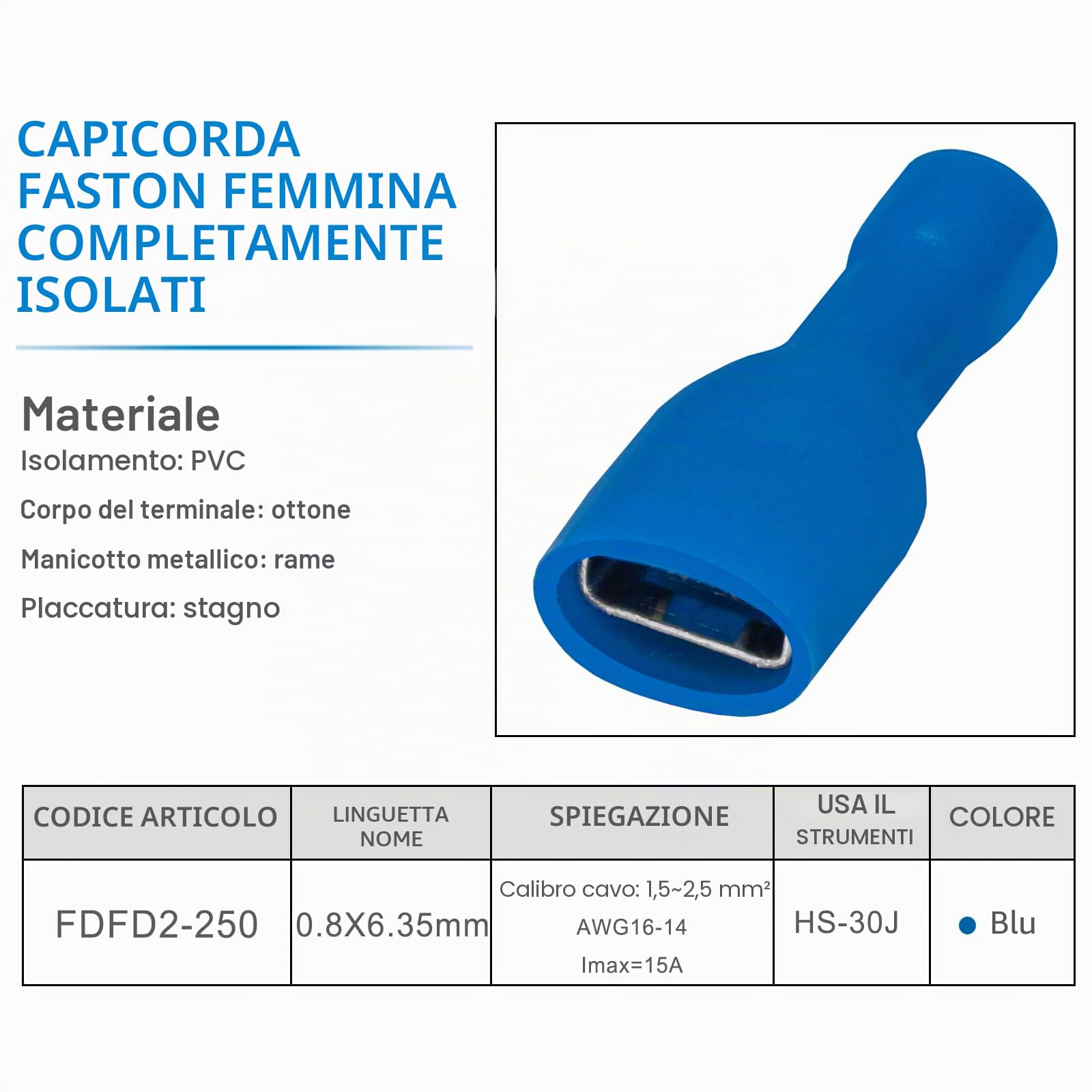 Heschen 100 terminali per cavo femmina in vinile completamente isolati, 6,3 x 0,8 mm, per 1,5 – 2,5 mm² (16 – 14 AWG) blu