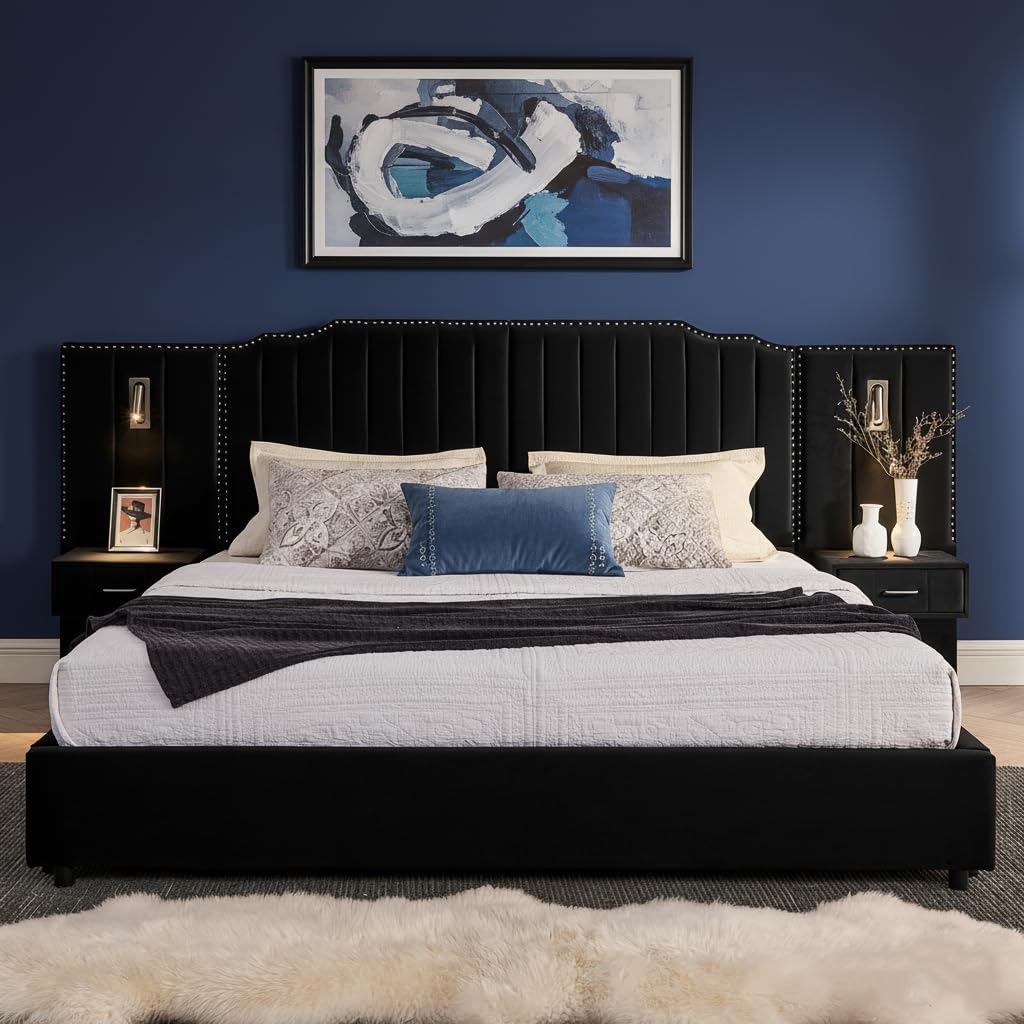 LUMISOL Luxury King Bed Frame with Bedside Table and Lamp, Velvet Fabric King Size Platform Bed with Nightstands, King Size Luxury Bed Frame with Oversized Upholstered Velvet Headboard, Black